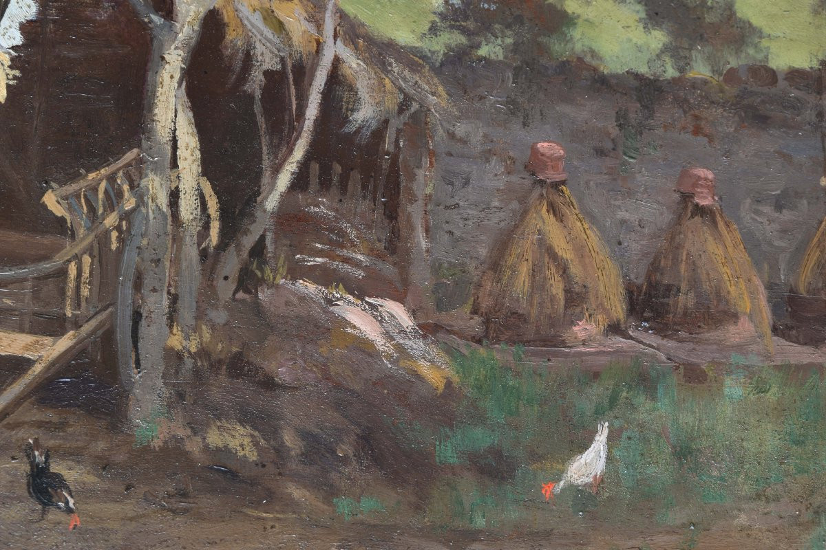 Albert Charles PHILIPPON "Cour de ferme" 1886 huile sur toile 26x40-photo-2